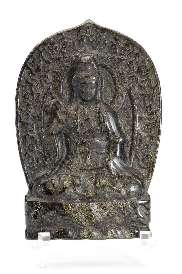 Gold Sheen Obsidian Quan Yin Carving with Stand DM491