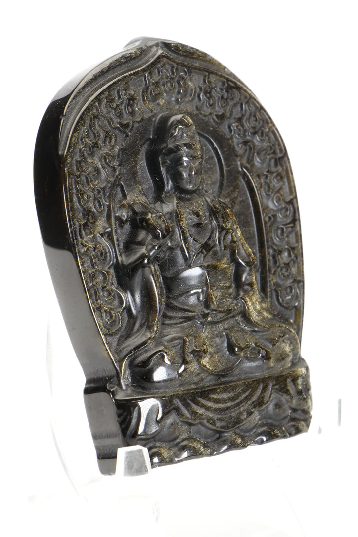 Gold Sheen Obsidian Quan Yin Carving with Stand DM495