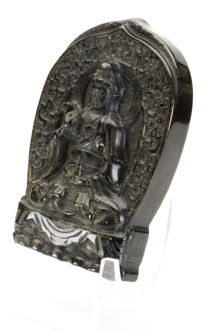 Gold Sheen Obsidian Quan Yin Carving with Stand DM495