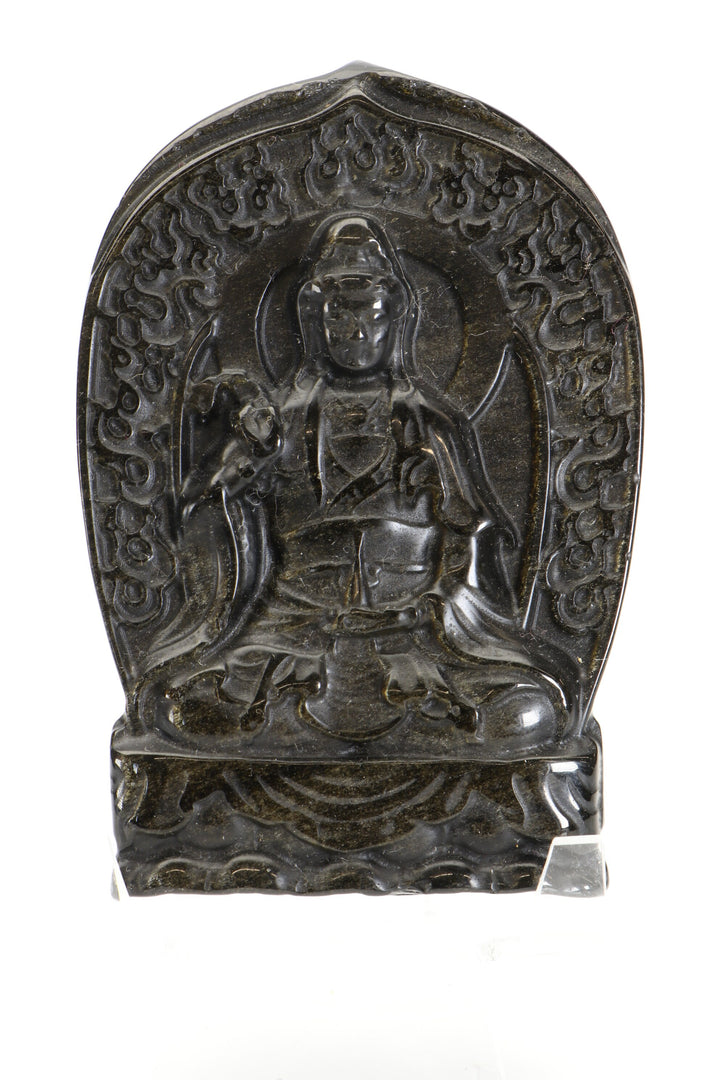 Gold Sheen Obsidian Quan Yin Carving with Stand DM495