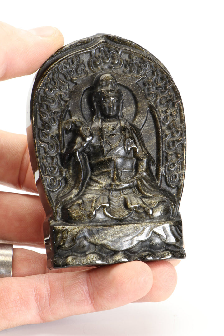Gold Sheen Obsidian Quan Yin Carving with Stand DM495