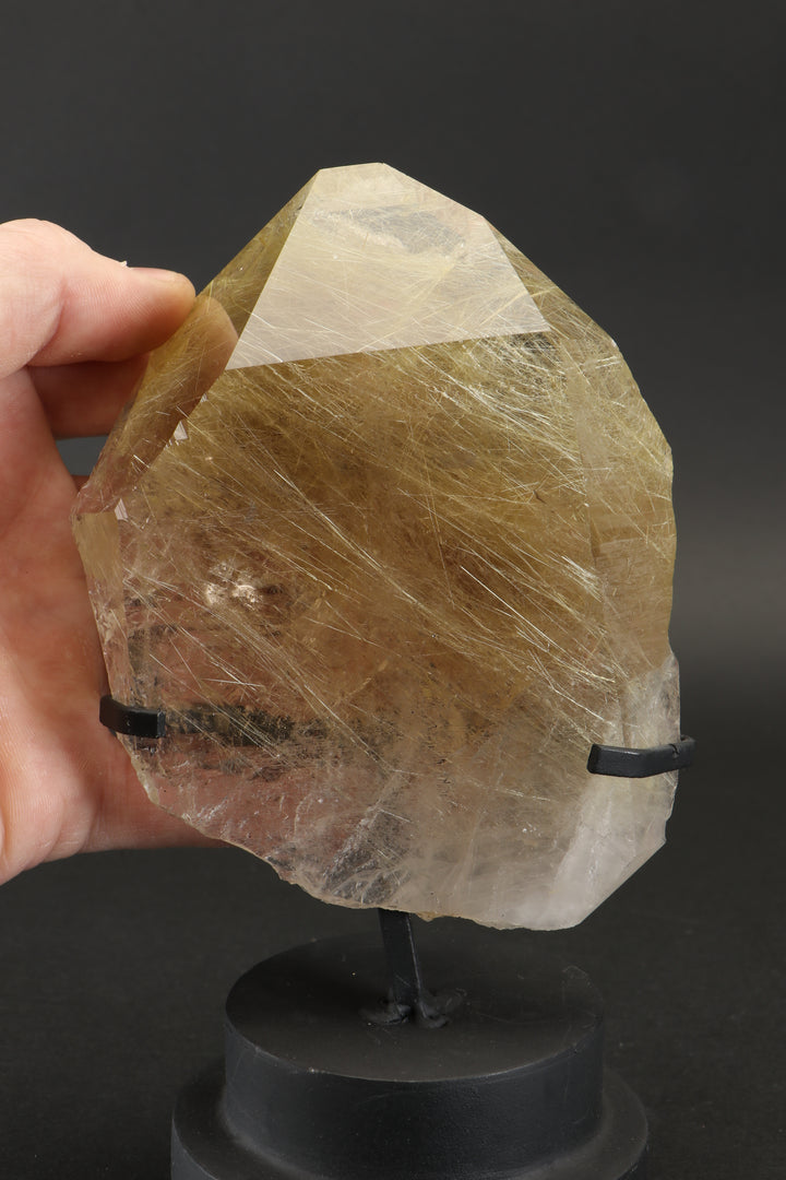 Quartz with Gold Rutile on Display Stand