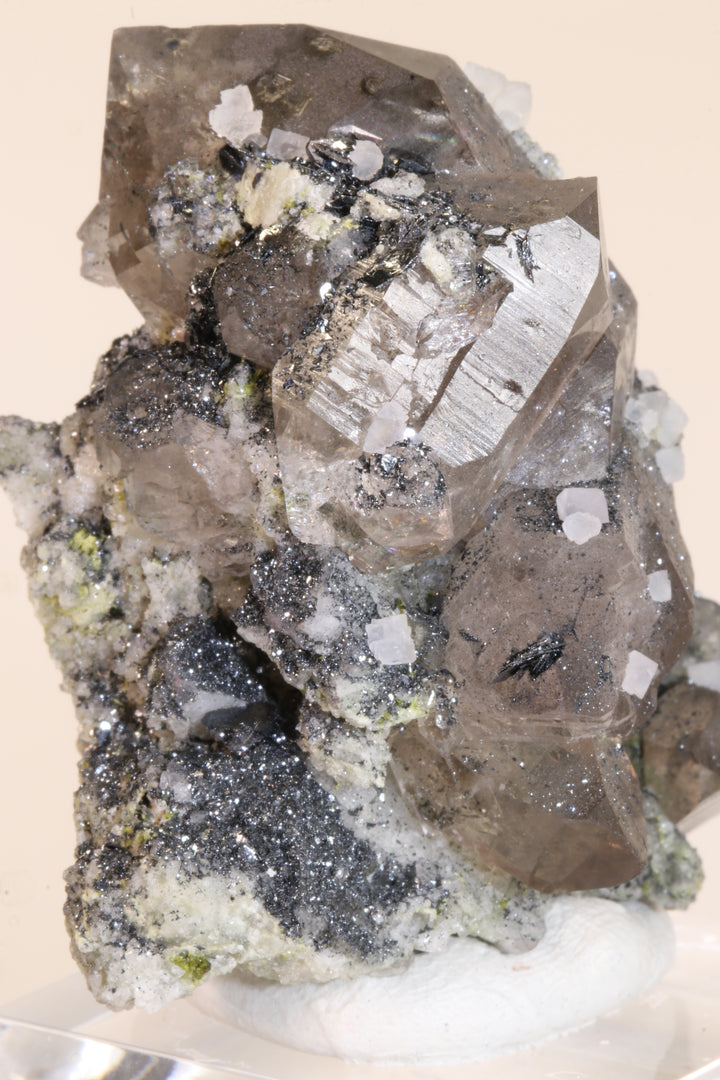 Fluorite and Hematite Rosettes on Smoky Quartz TD2879