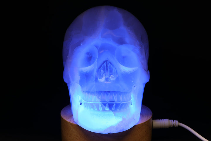 Satin Spar Skull with Color Changing Light Stand TU3776