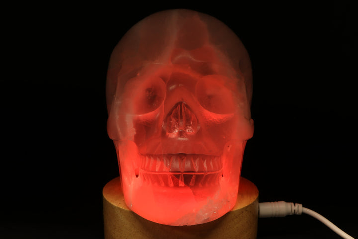 Satin Spar Skull with Color Changing Light Stand TU3776