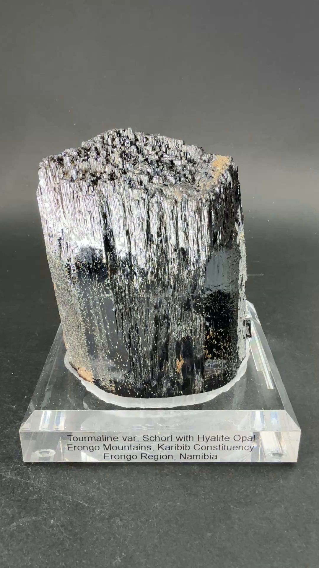 Tourmaline var. Schorl with Hyalite Opal on Acrylic Base DS1807