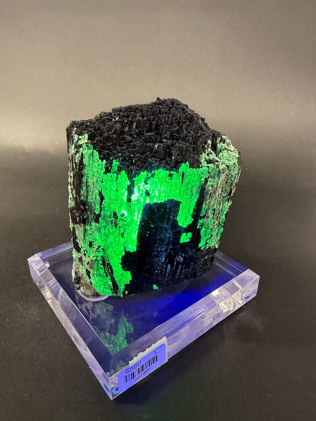 Tourmaline var. Schorl with Hyalite Opal on Acrylic Base DS1807