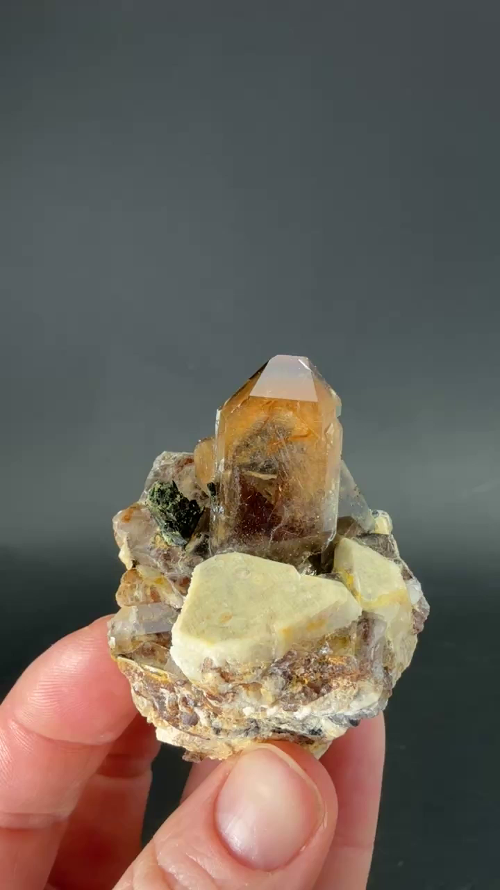 Smoky Quartz with Aegerine on Feldspar from Malawi TD541