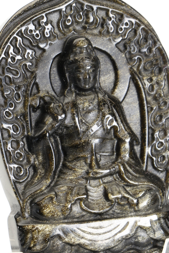 Gold Sheen Obsidian Quan Yin Carving with Stand DM495