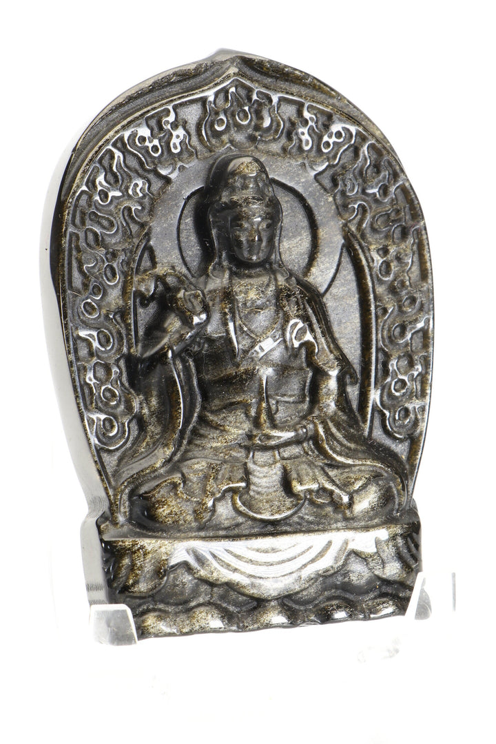 Gold Sheen Obsidian Quan Yin Carving with Stand DM495