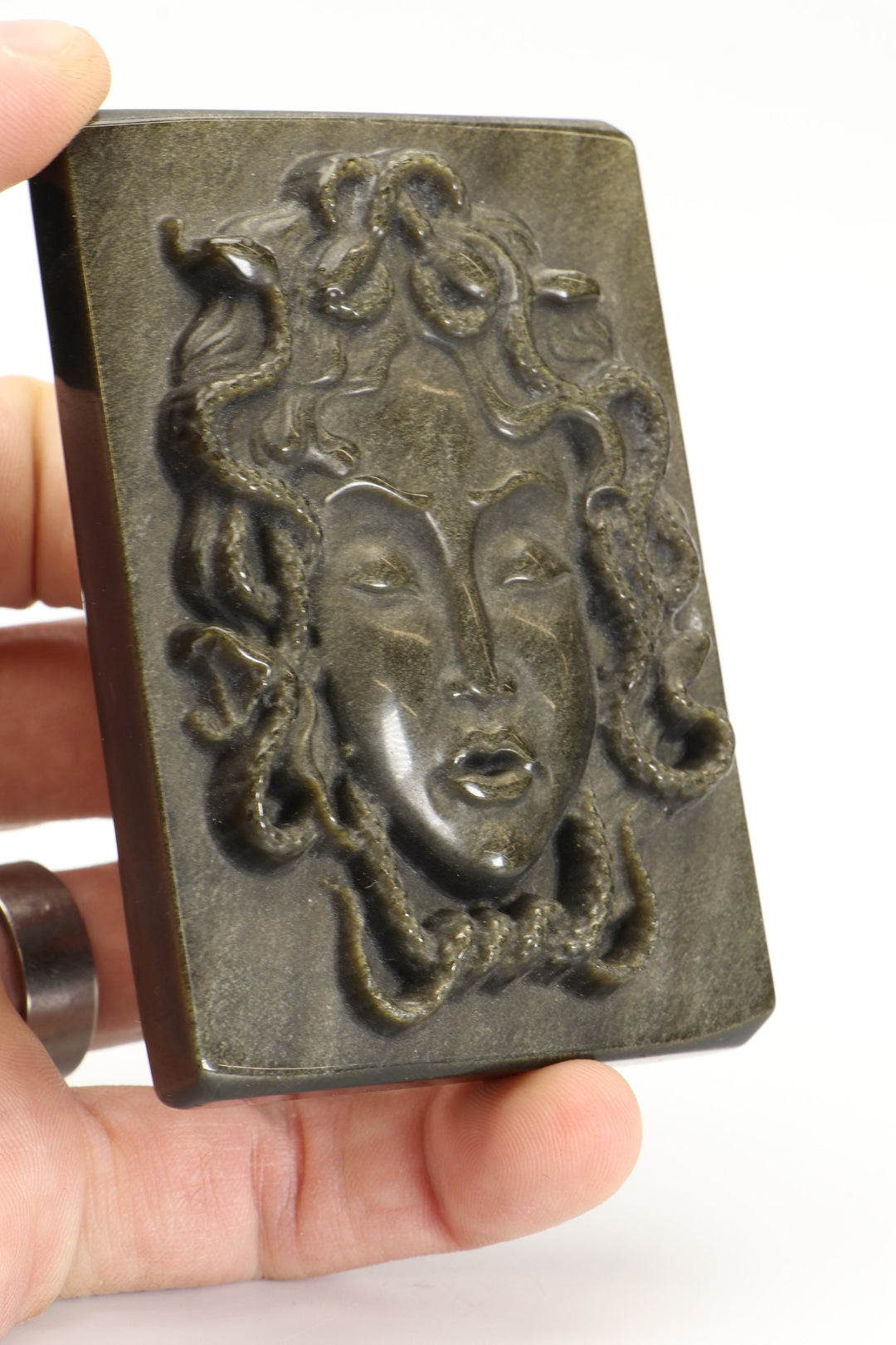 Gold Sheen Obsidian Medusa Carving with Stand DM539