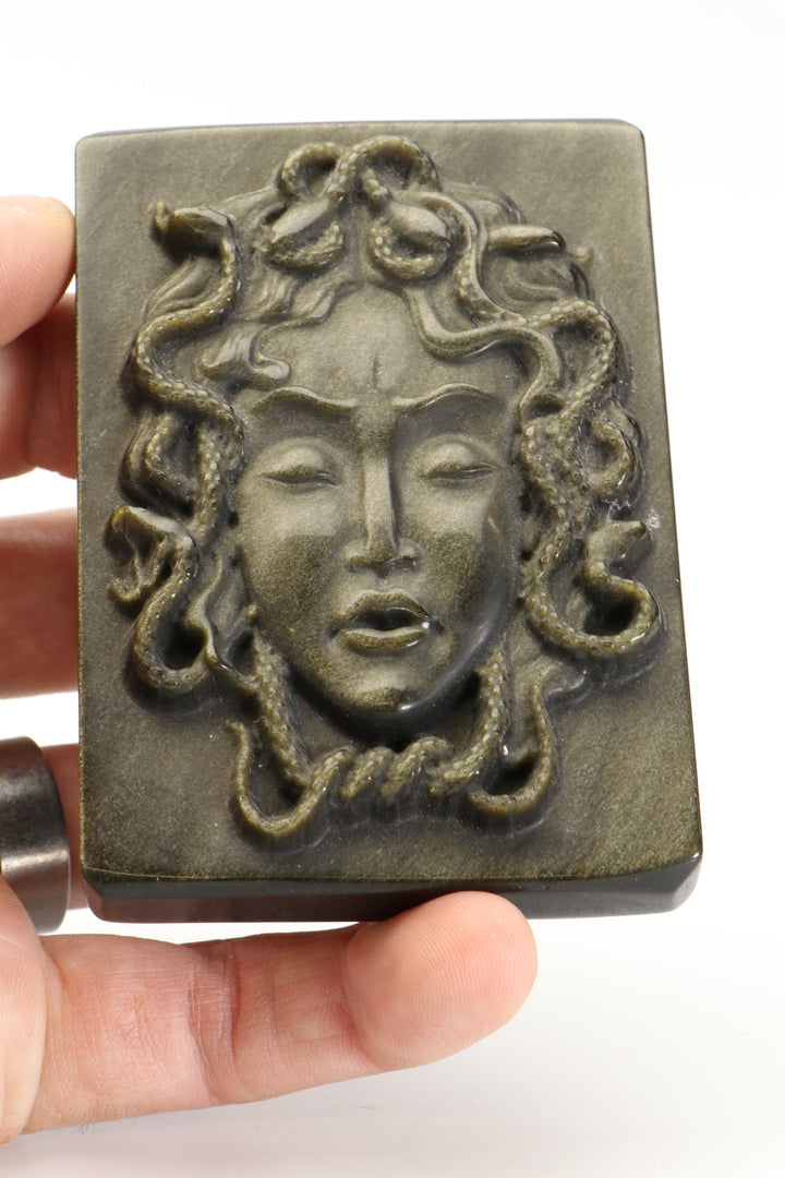 Gold Sheen Obsidian Medusa Carving with Stand DM539