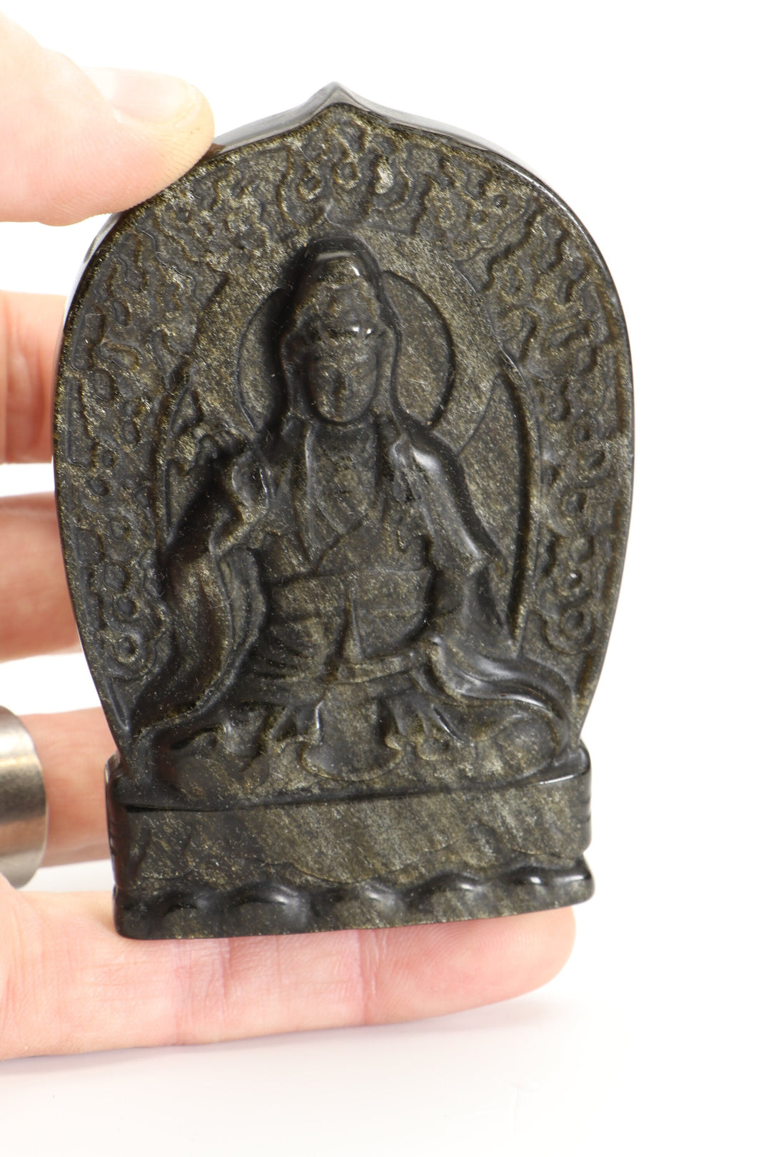 Gold Sheen Obsidian Quan Yin Carving with Stand DM491