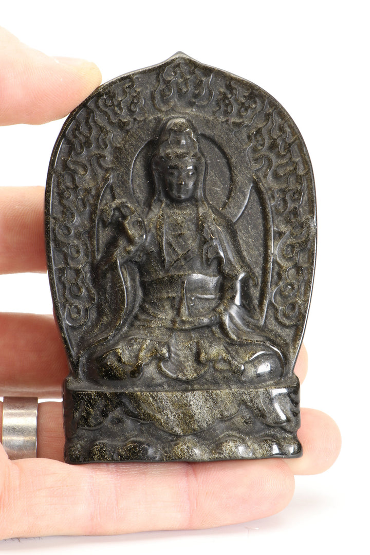 Gold Sheen Obsidian Quan Yin Carving with Stand DM491