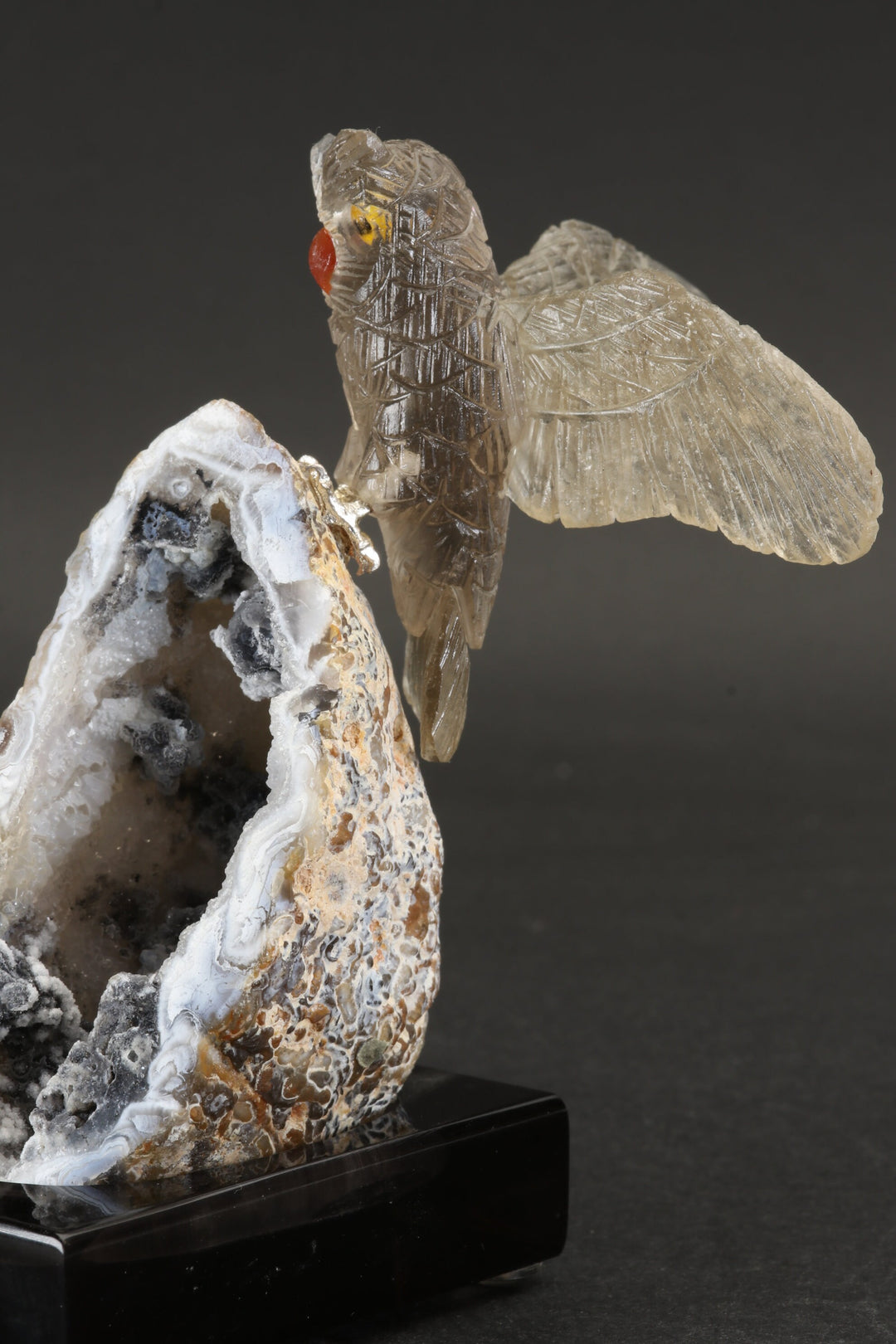 Smoky Quartz Owl Carving on Agate Geode Base DS432