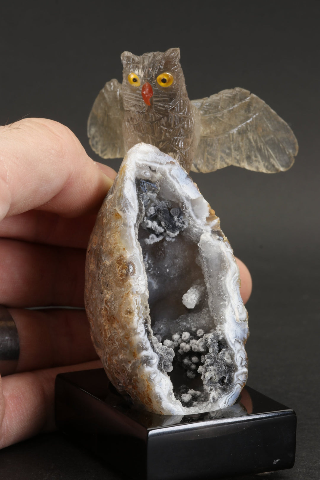 Smoky Quartz Owl Carving on Agate Geode Base DS432