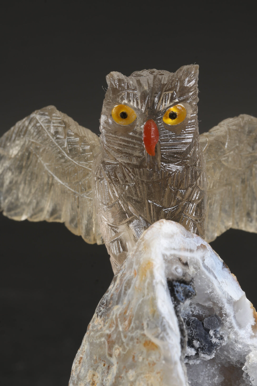 Smoky Quartz Owl Carving on Agate Geode Base DS432