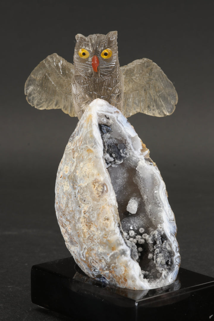 Smoky Quartz Owl Carving on Agate Geode Base DS432