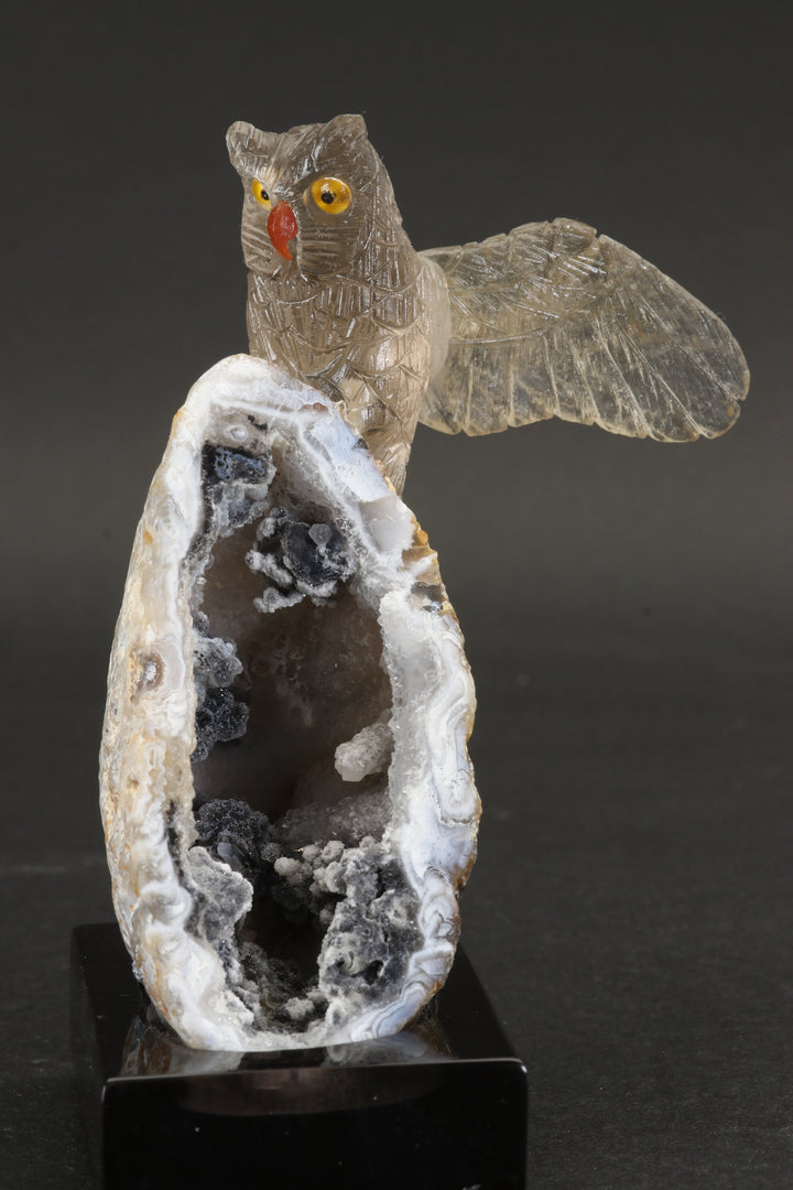 Smoky Quartz Owl Carving on Agate Geode Base DS432