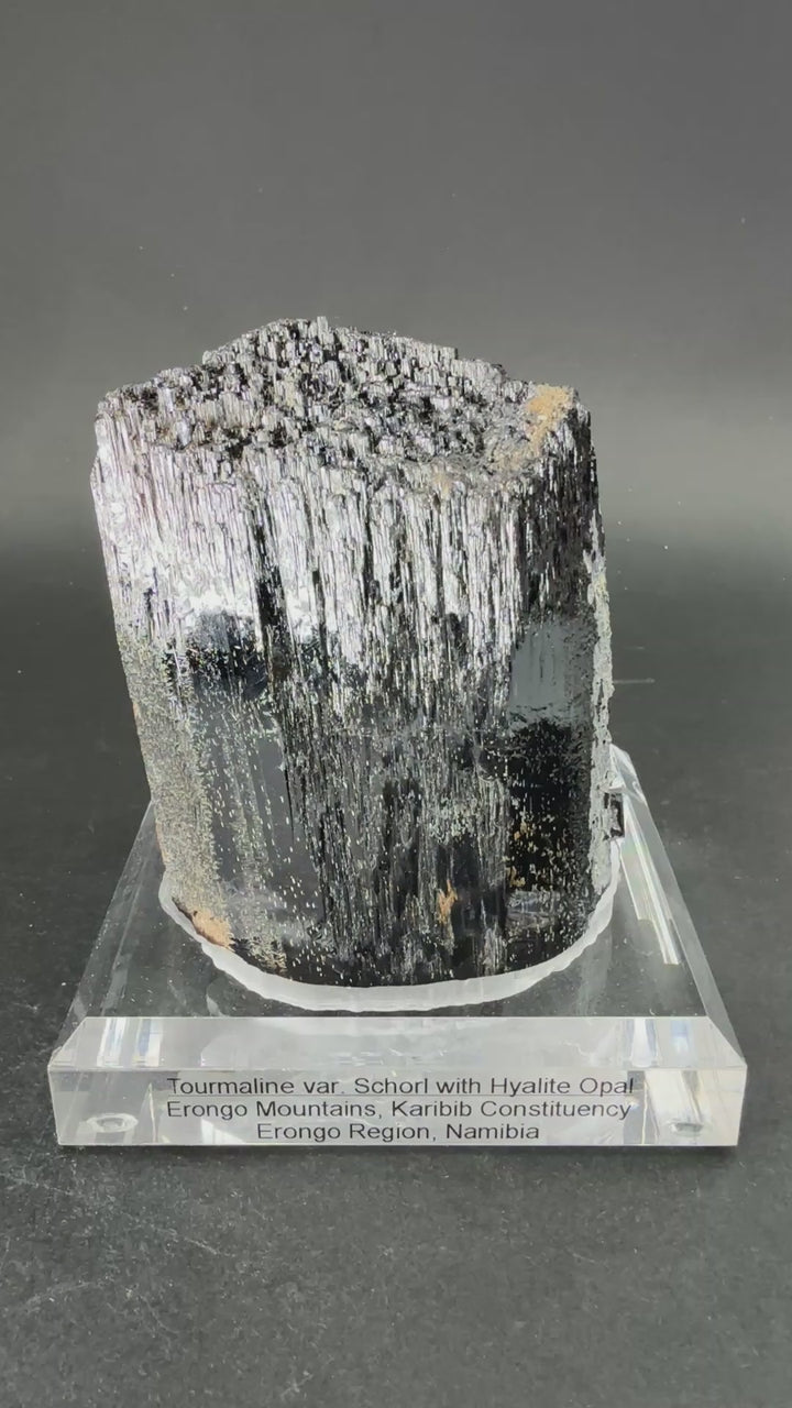 Tourmaline var. Schorl with Hyalite Opal on Acrylic Base DS1807