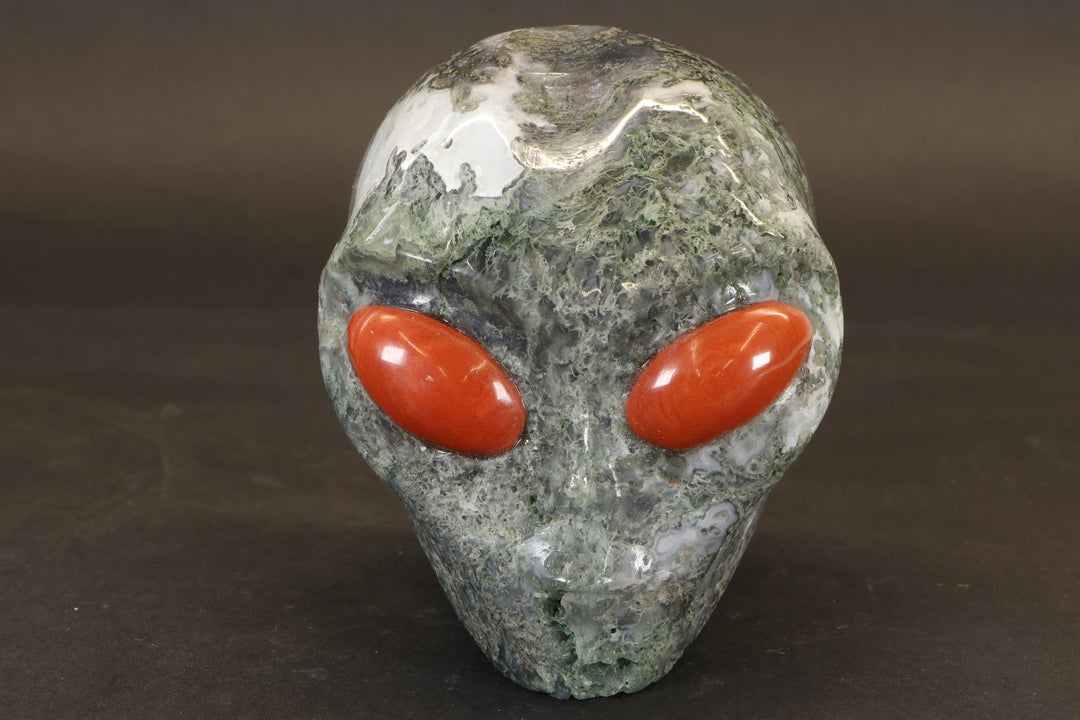 Moss Agate Alien Carving with Red Jasper Eyes DM916
