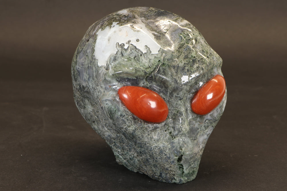 Moss Agate Alien Carving with Red Jasper Eyes DM916