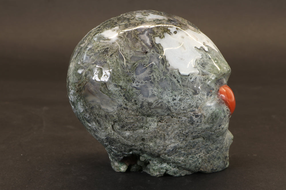 Moss Agate Alien Carving with Red Jasper Eyes DM916