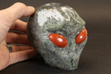 Moss Agate Alien Carving with Red Jasper Eyes DM916