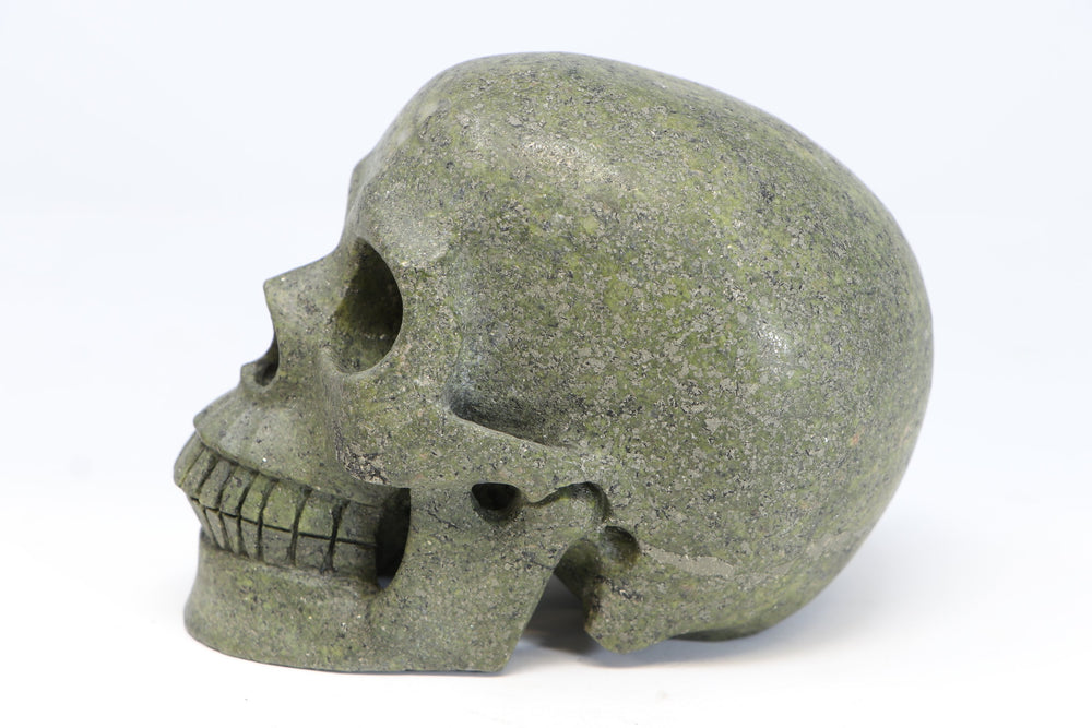 5" Pyrite in Serpentine Crystal Skull D