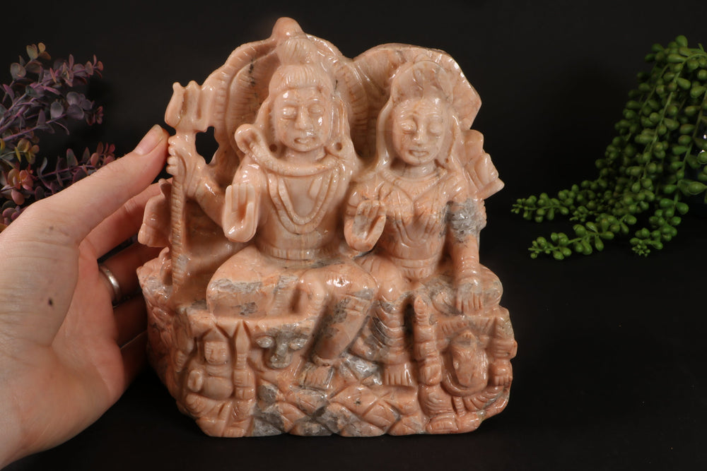 Peach Moonstone Parvati and Shiva Carving TD1671