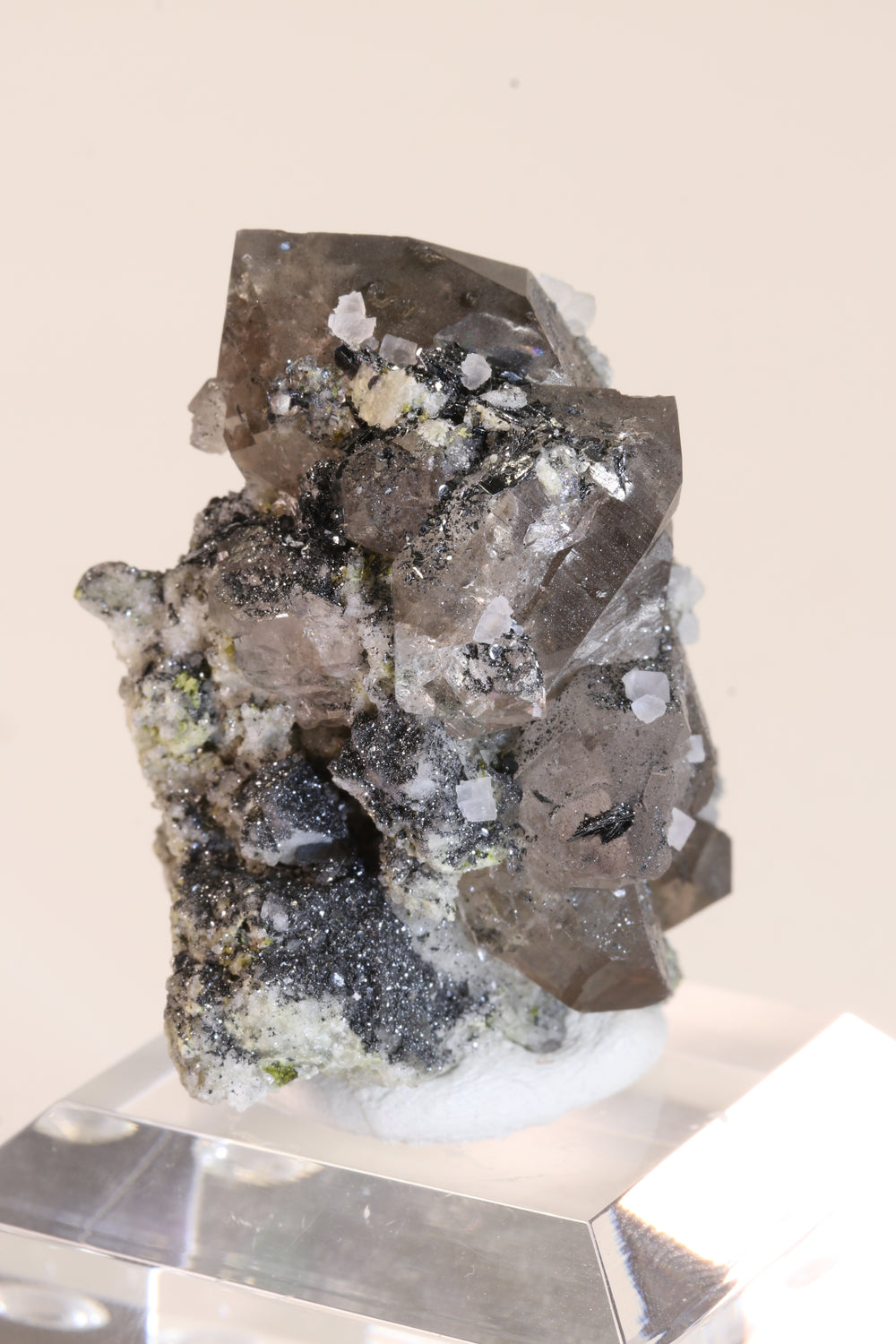 Fluorite and Hematite Rosettes on Smoky Quartz TD2879