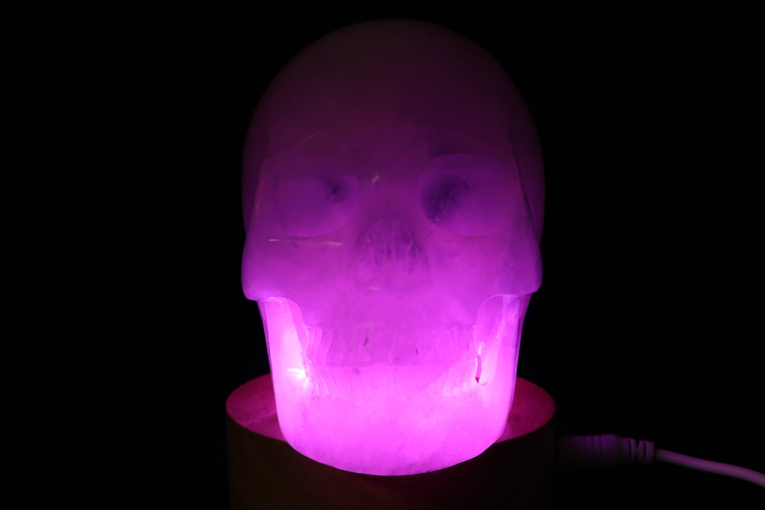 Satin Spar Skull with Color Changing Light Stand TU3033