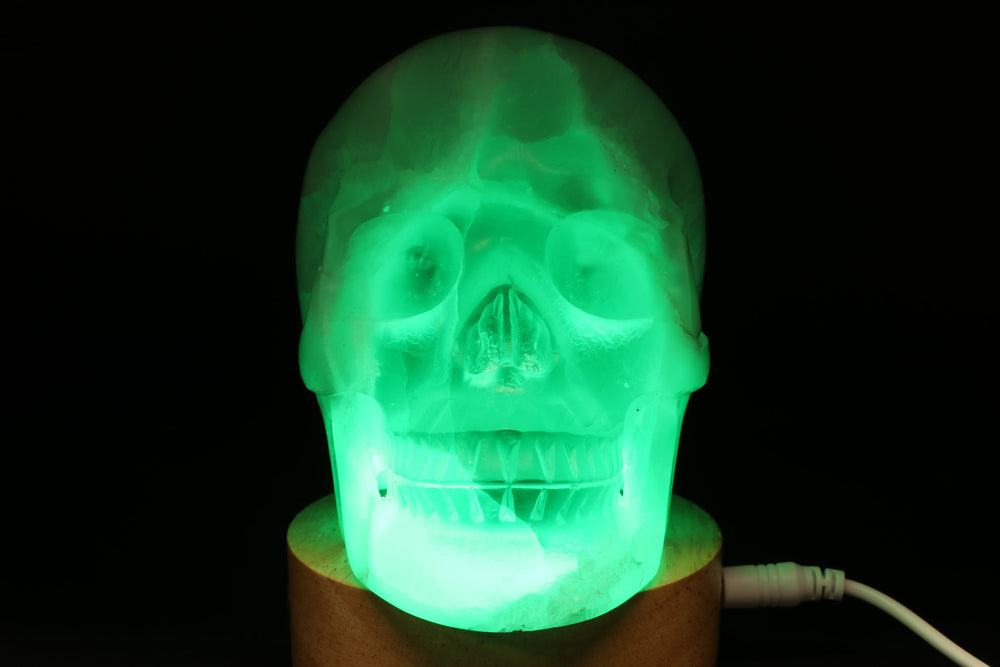 Satin Spar Skull with Color Changing Light Stand TU3776